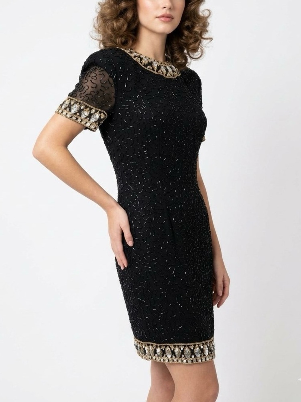 Vintage 80s A.J. Bari Black Silk Beaded Cocktail Dress Size 8